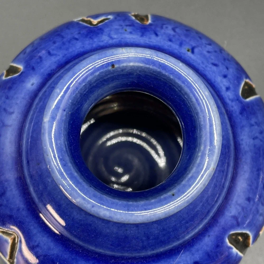 Studio Art Pottery Signed EVE Blue Glaze Vase Figure Imprints In Black Glaze